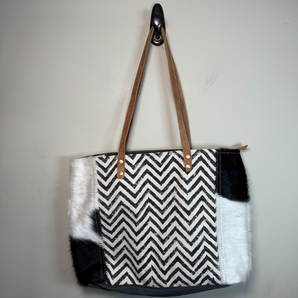 Myra Bag Large Chevron Canvas & Cowhide Mixed Pattern Tote/Shoulder Bag Western